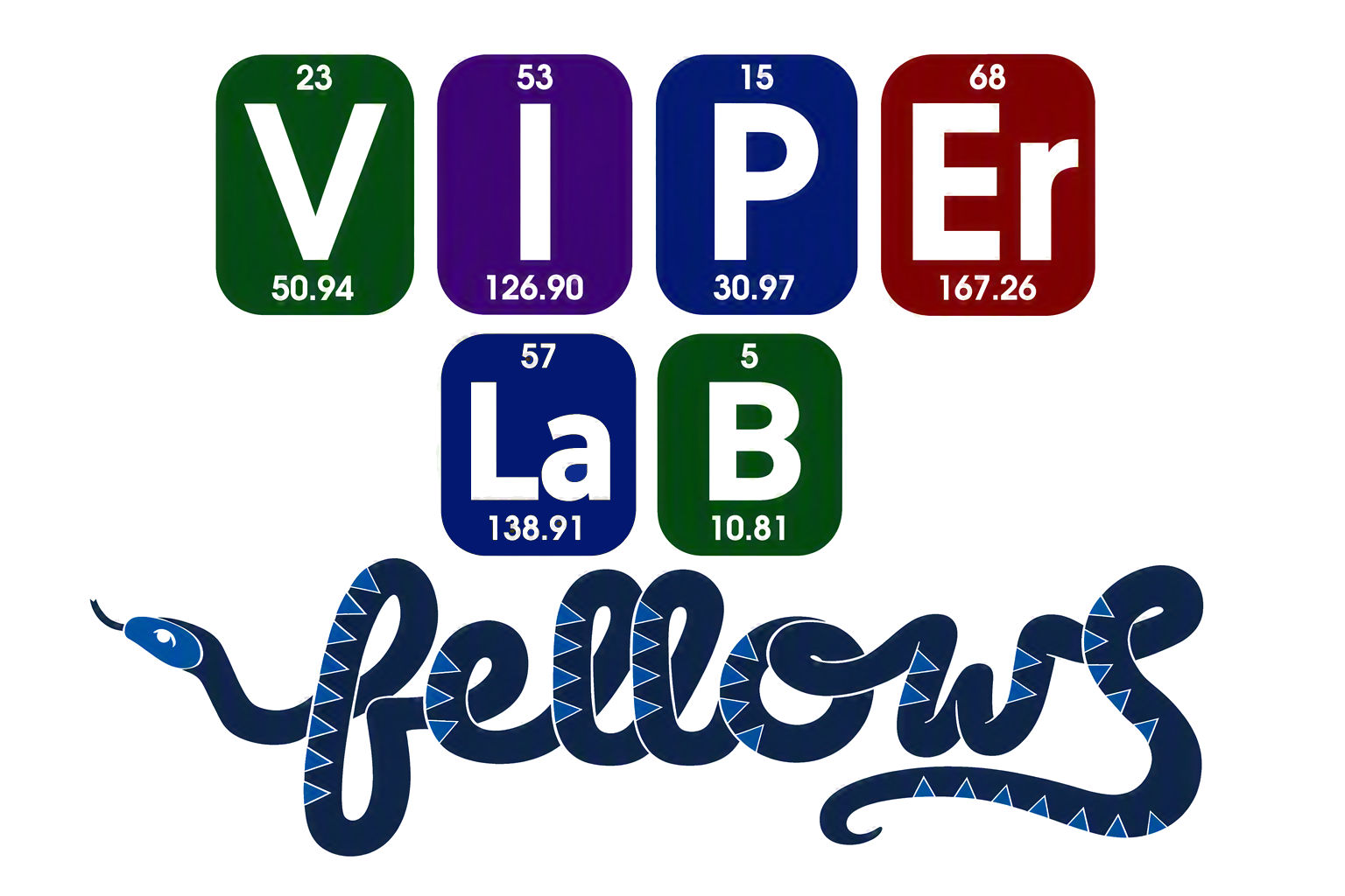 VIPEr Lab Fellows logo - VIPEr and Lab are spelled out using chemical elements while Fellows is spelled out using a coiling snake